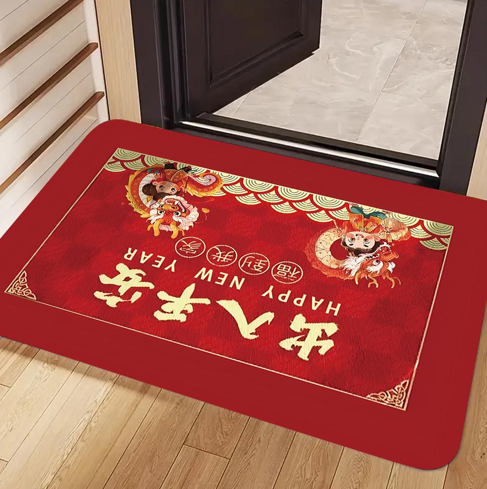 Red Chinese New Year Welcome Carpet Lucky Words for Decorating Door Mats Kitchen Bedroom Living Room Porch Entrance Non Slip Rug