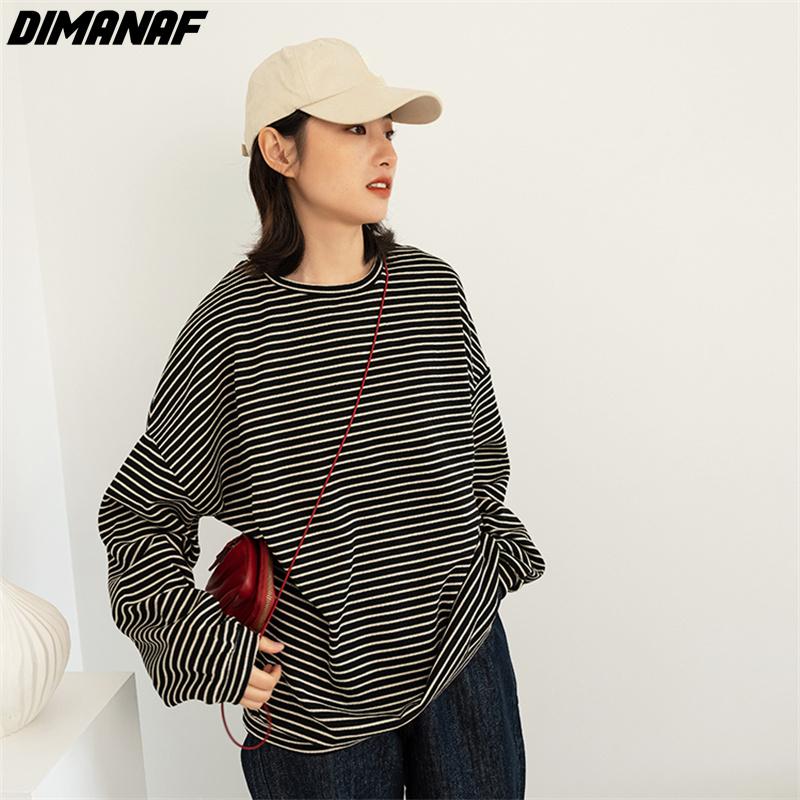 

DIMANAF женские свитера в тонкую полоску, свободные повседневные осенние топы с круглым вырезом, футболка 2022, новый пуловер