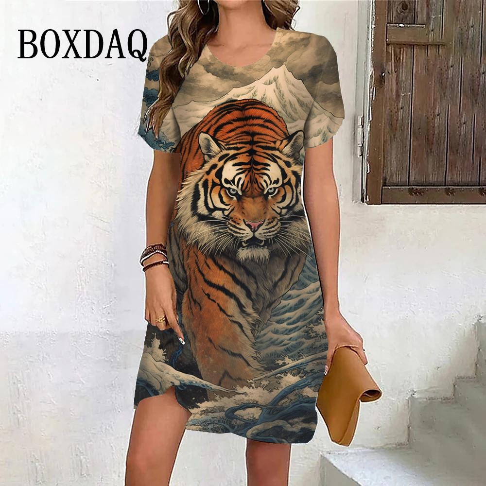 Tiger Graphic Dresses For Women Casual 3D Print Vintage Dress Female Fashion Short Sleeve Plus Size Dress Summer Clothes
