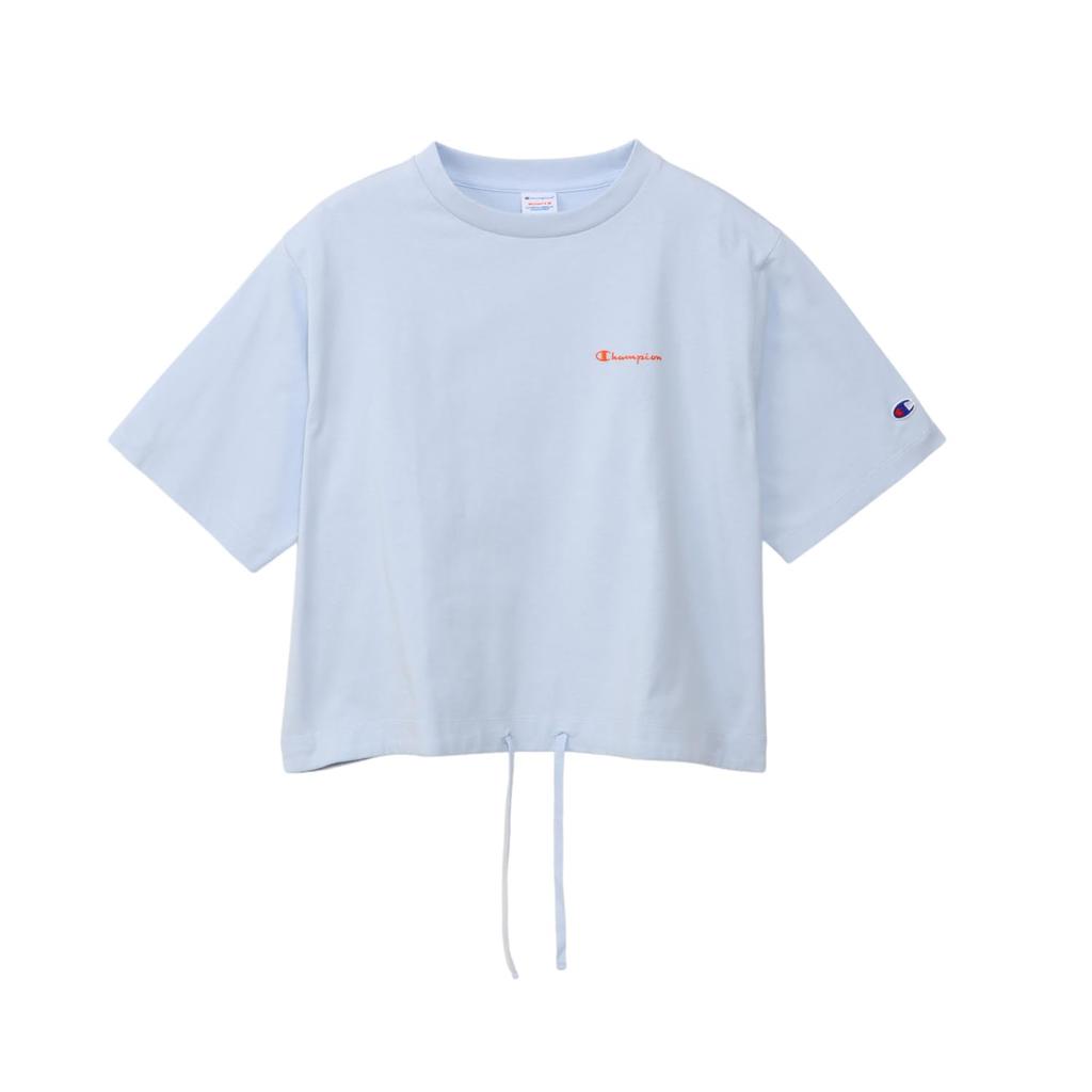 Champion Short Sleeve Crew Neck Cotton USA Relax Script Garment Pale Sax Women's Shirt, 100% Fit, Logo, Wash, (CW-B322)