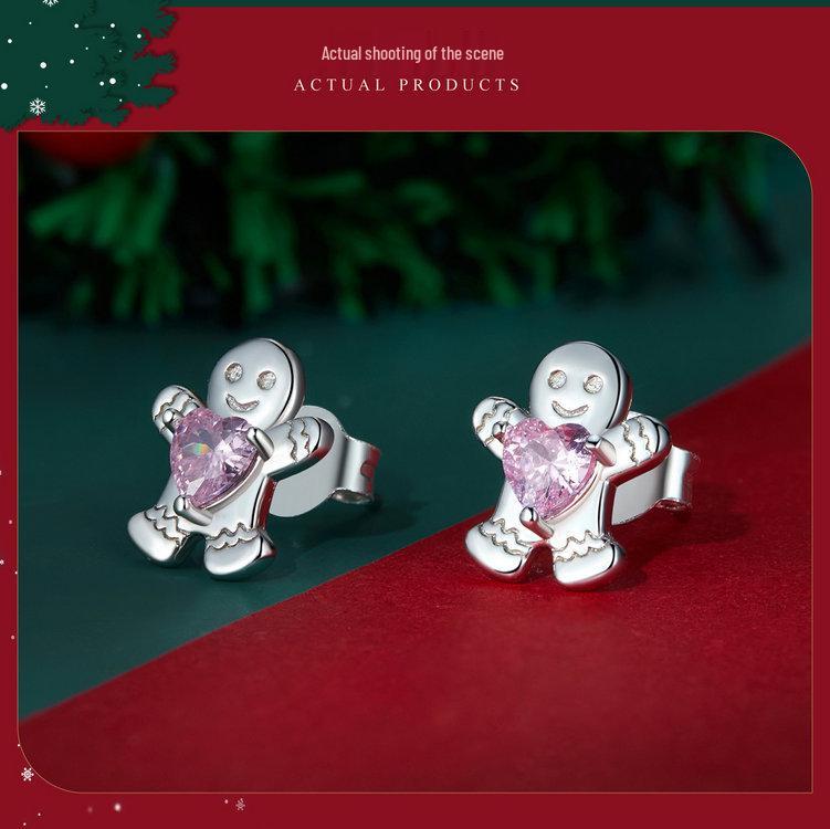 Yinziyun Gingerbread Man and Pink Heart Zircon S925 Sterling Silver Stud Earrings for Women