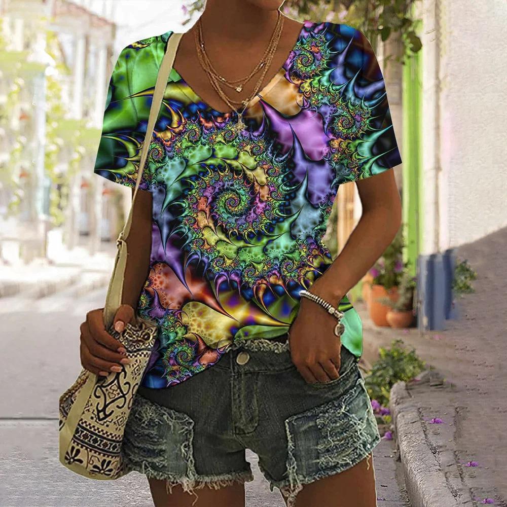 Rotating Visual Illusion 3D Printing Women's Casual Short Sleeved V-neck T-shirt