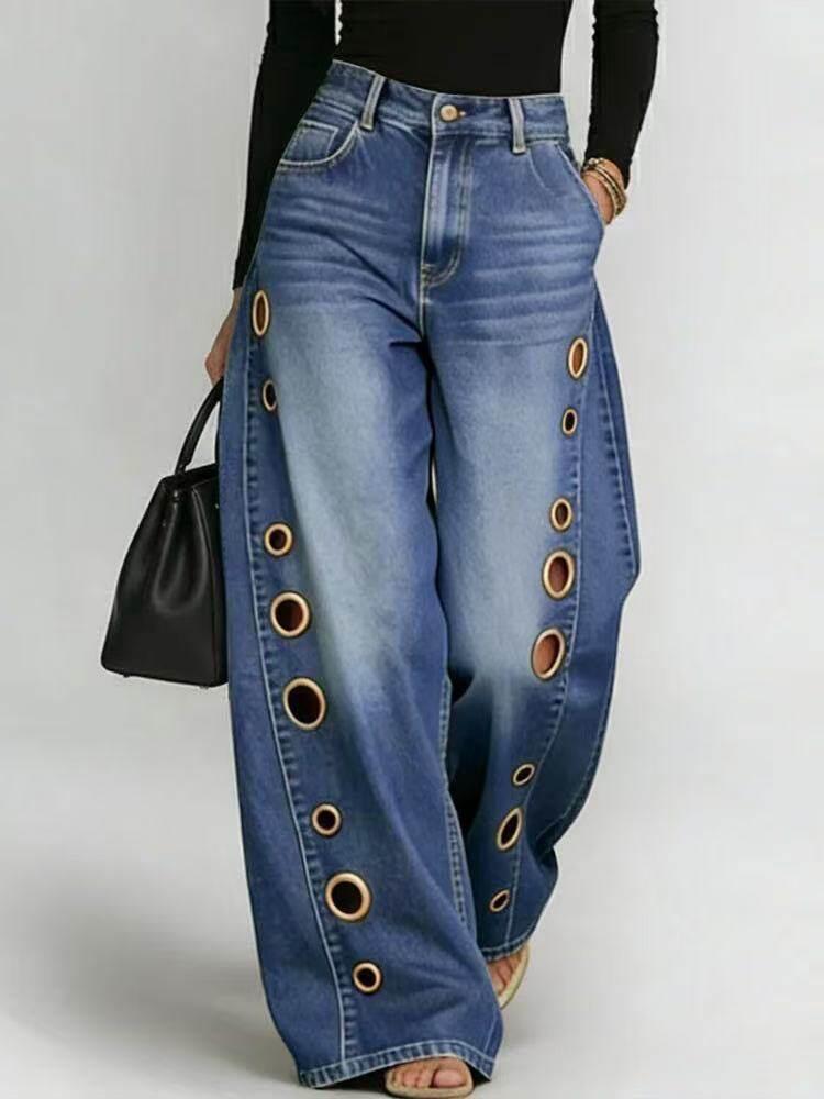 

Women s Wide Leg Jeans with Metal Eyelet Detail Denim Pants for Streetwear XXXL синій