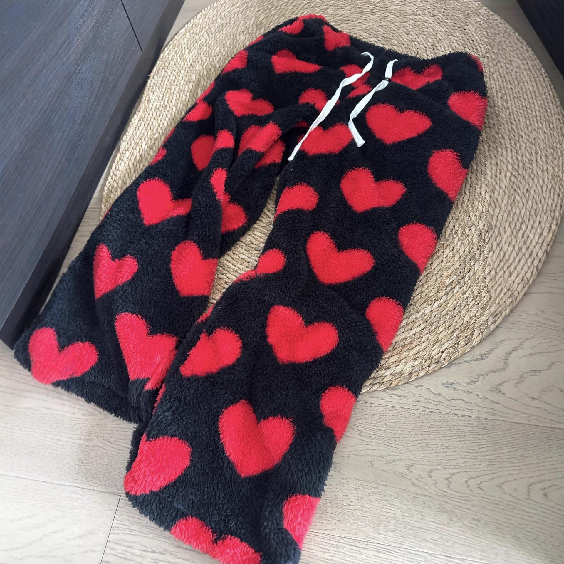 

Heart Print Coral Fleece Wide Leg Pants: Autumn/Winter New Arrivals - Thick, Warm, and Perfect for Home or Casual Wear Medium красный