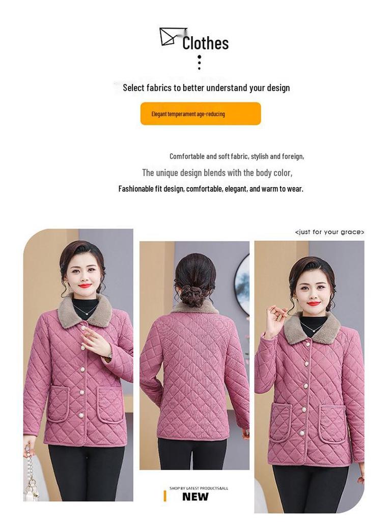 New Plus Velvet Warm Fashionable Short Jacket for Middle-Aged and Elderly Women - Stylish Autumn/Winter Cotton Coat