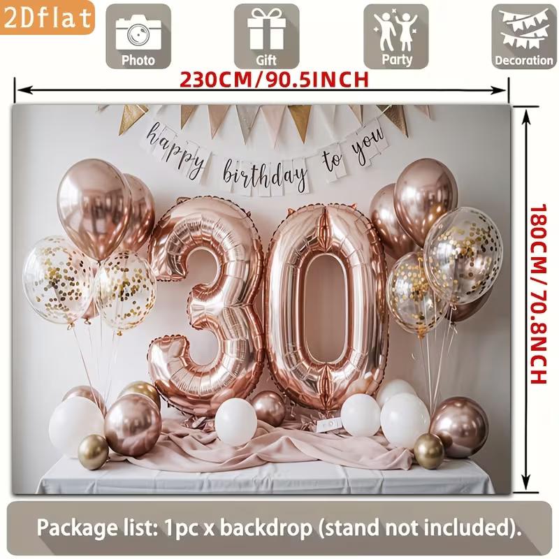 2D 30th Birthday Photography Backdrop Rose Gold Balloon & Banner Party Background
