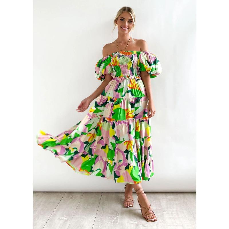 Summer New Bubble Sleeve Holiday Skinny Long Dress Spice Girl High Waist Shoulder Printed Dress Women
