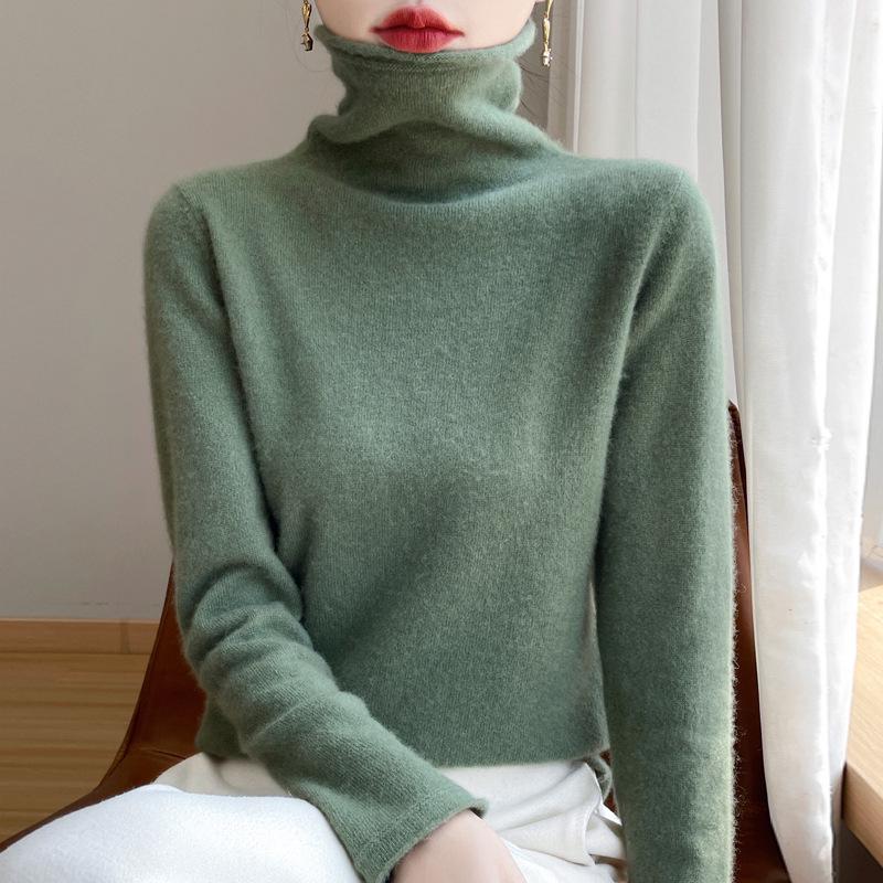 Women's 100% Wool Rolled Edge Turtleneck Sweater - Loose Fit Pullover Knit Base Layer