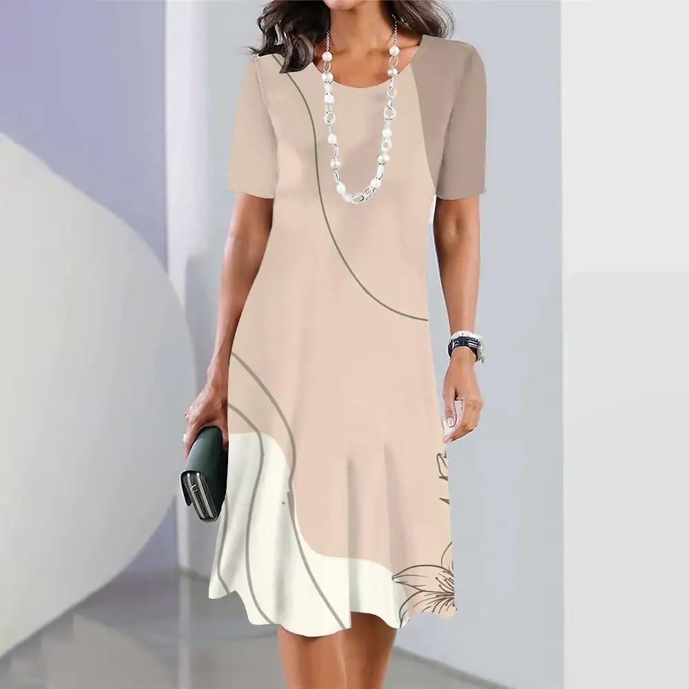 New Geometric Curve Graphic Print Women's Dresses Elegant Loose Short Sleeve O-Neck Summer Dresses Female Fashion Sundress