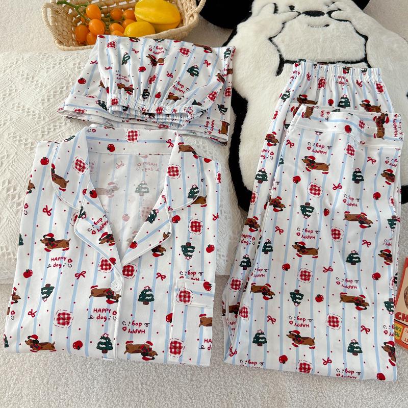 Set Pijama de Damă Dachshund Desen Animat cu Buline și Dungi - Mânecă Scurtă, Stil Coreean, Articole de Casă din Trei Piese.