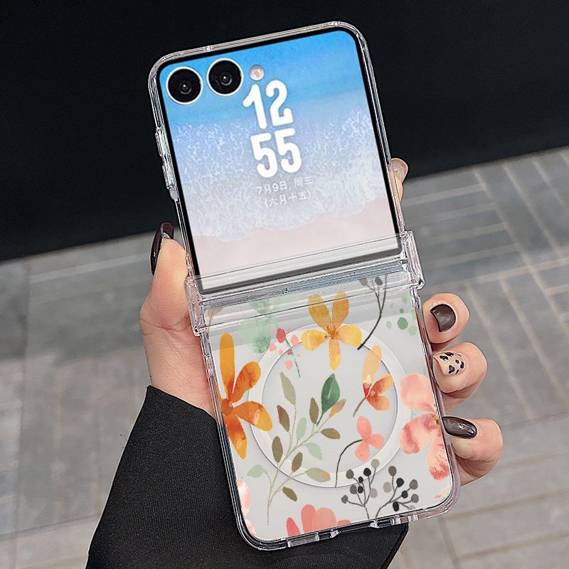 Luxury Flowers Print Case For Samsung Galaxy Z Flip 8 7 FE 6 5 Z Flip8 Flip7 Flip6 Magnetic Clear Hard PC Folding Phone Cover