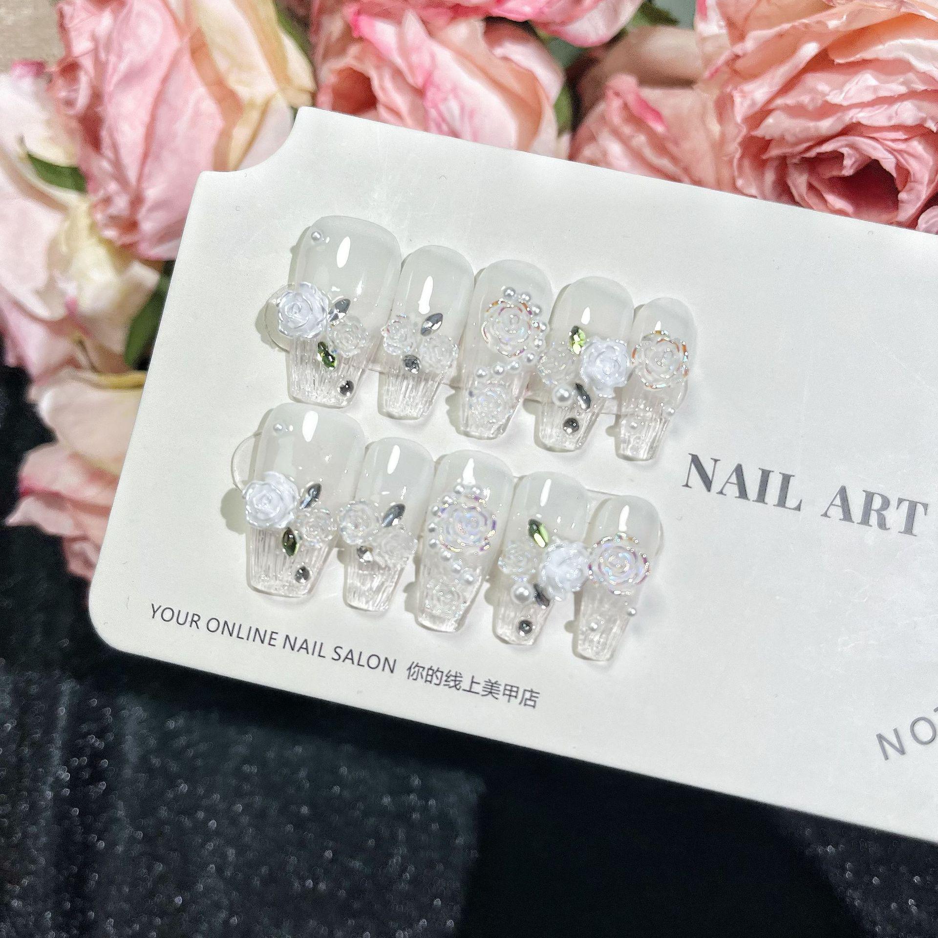 

Стеклянные накладные ногти ручной работы, носимые на кончиках пальцев, со съемным дизайном «Замороженная роза» Large