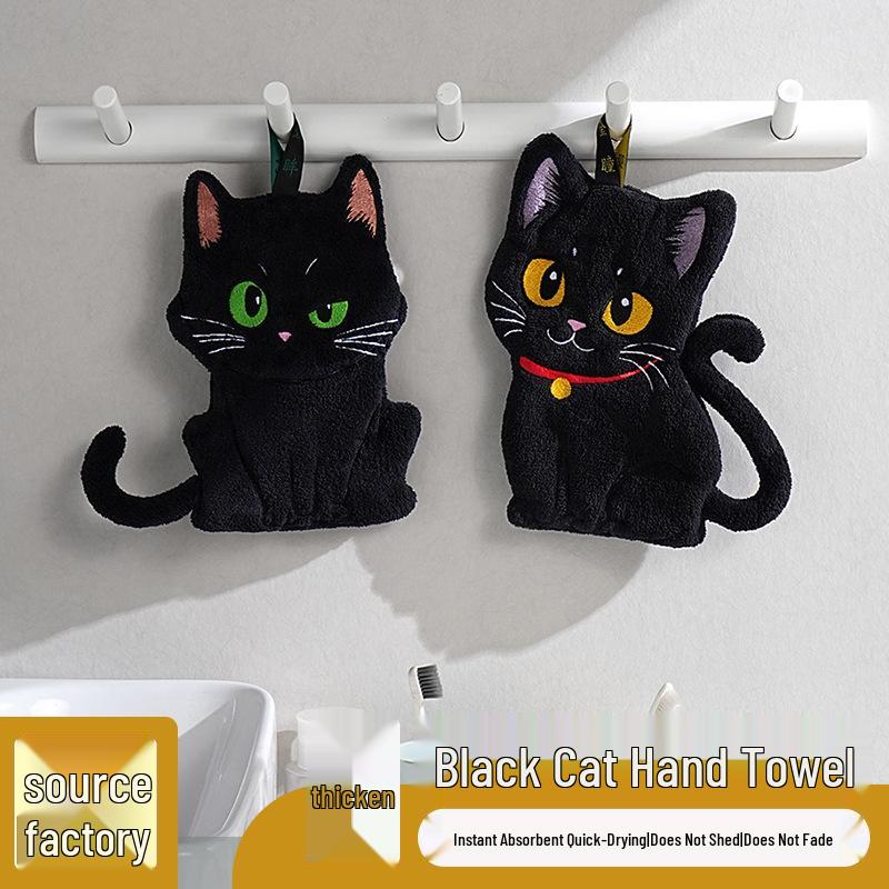 Black Cartoon Cat Hand Towel - Soft and Absorbent for Bathroom and Kitchen