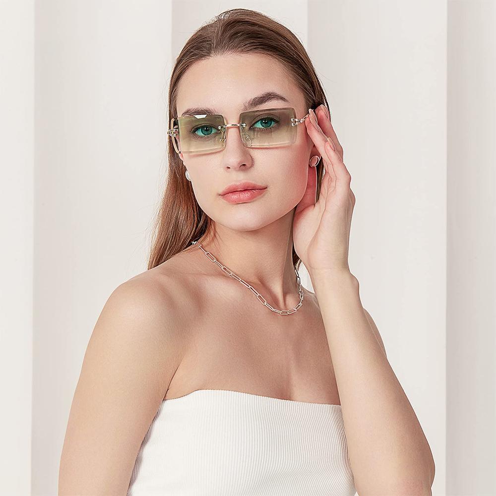 Women's Sunglasses Retro Sunglasses for Women Men Tinted Lens Metal Frame Vintage Rimless Rectangle Glasses UV400 Protection