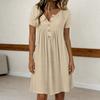 Women's Fashionable Color Round Neck Short Sleeved Button Neck Mid Length Casual Dress