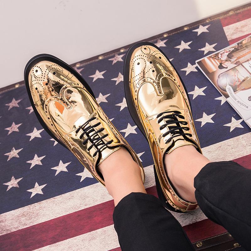 Korean Style Shiny Gold Brogue Derby Shoes - Plus Size, Fashionable Nightclub Leather Lace-Ups