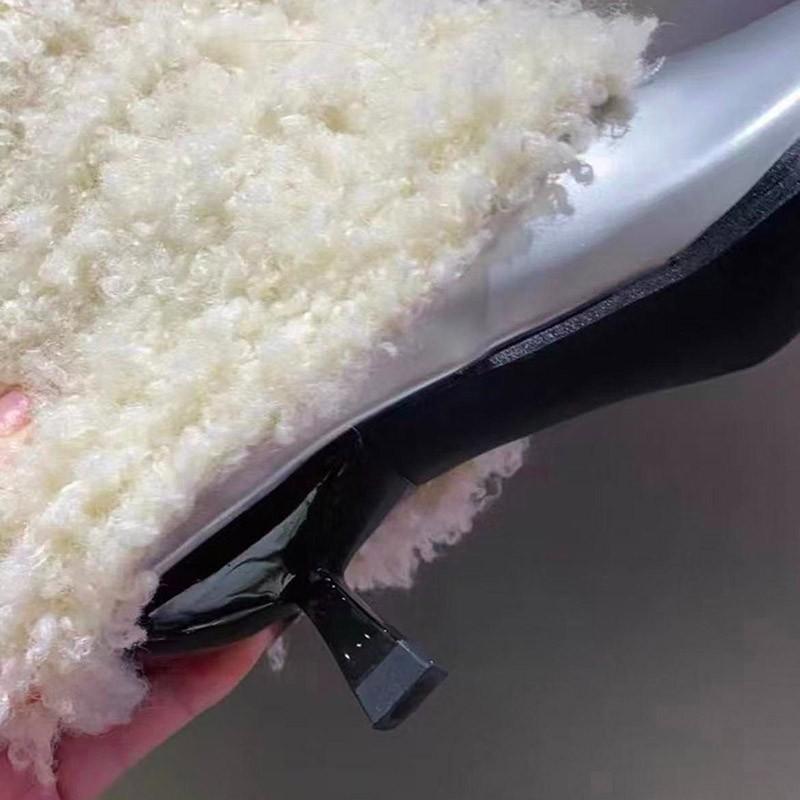 Nové dámské chlupaté teplé kozačky nad koleno z pravé kůže, jednobarevné, módní, stručné, sexy dámské boty na nazouvání s špičatou špičkou a tenkými podpatky