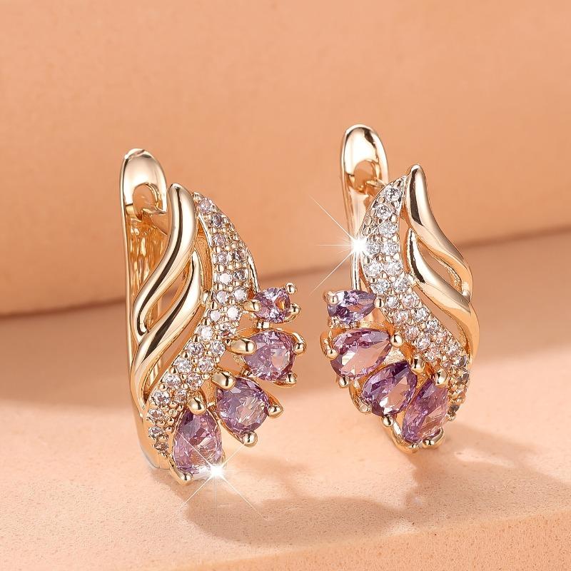 Simple Gold Hoop Earrings with Purple Cubic Zirconia Flower for Women Wedding Jewelry