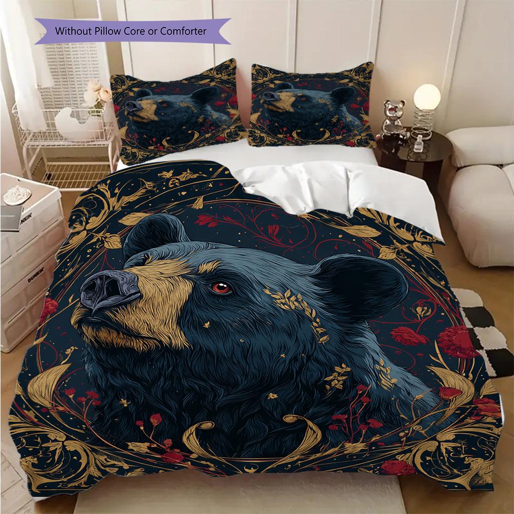 Schwarzbär-Muster Bettwäsche Steppdecke Set Bettbezug Kissenbezug Heimdekoration Geburtstagsgeschenk (1 Bettbezug + 2 Kissenbezüge, ohne Füllung)