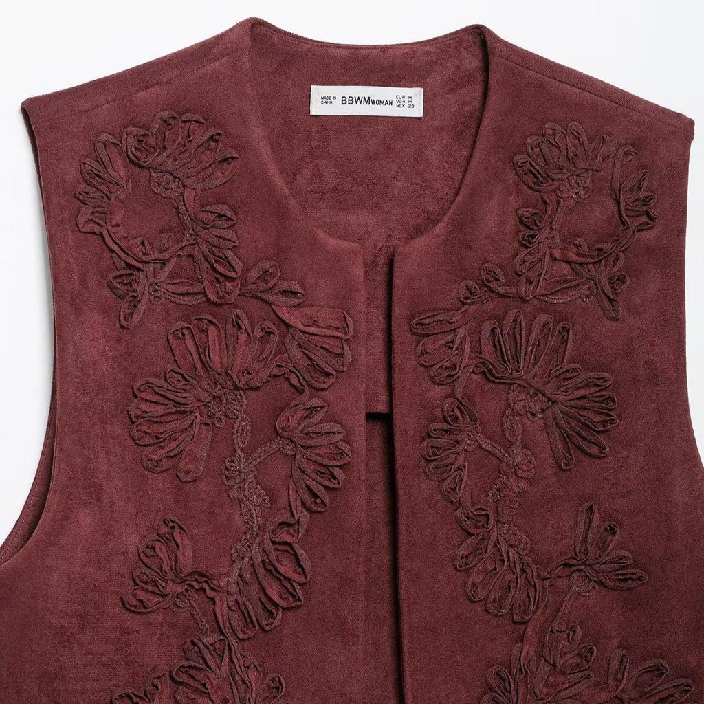 Spring 2025 Women's European & American Style Embroidered Suede Vest