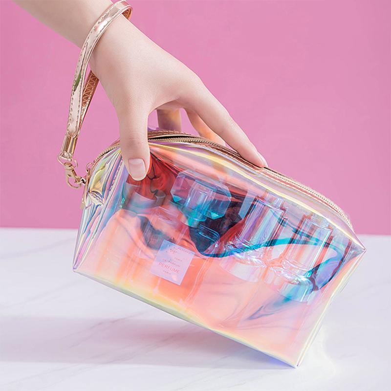 Borsa cosmetica olografica colorata da donna in TPU trasparente per trucco e bellezza