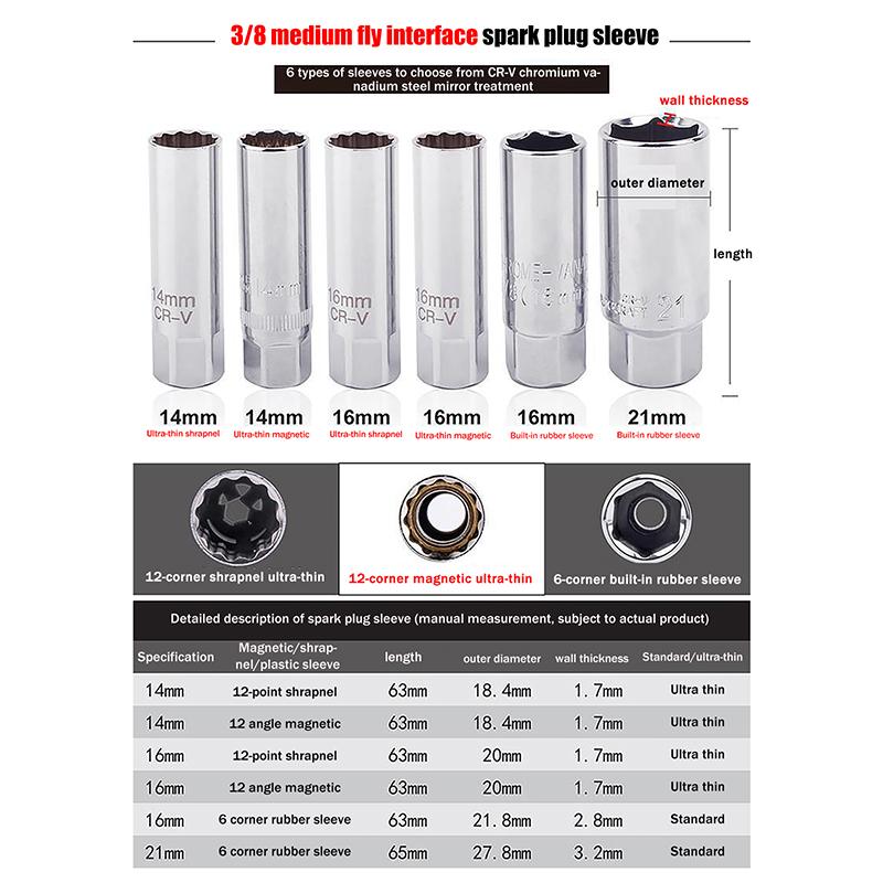 Car Spark Plug Socket Universal Wrench 14/16/21Mm Install Replace Repair Kit Magnetic Spark Plug Removal For Car Repair