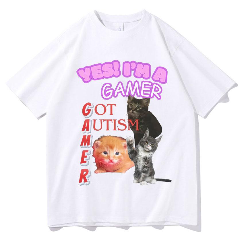 2025Summer Yes Funny Cat T-shirt I Am Autistic Gamer Women's Hip Hop Streetwear T-shirt Graphic 100% Pure Cotton Printed T-shirt
