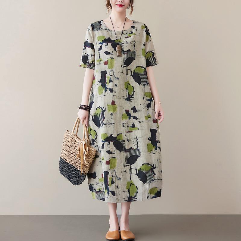 2025 Summer Short Sleeve Loose Printed Women Dress Fashion Casual Simple Elegant A-line Party Dress Female O Neck Office Ladies Clothing