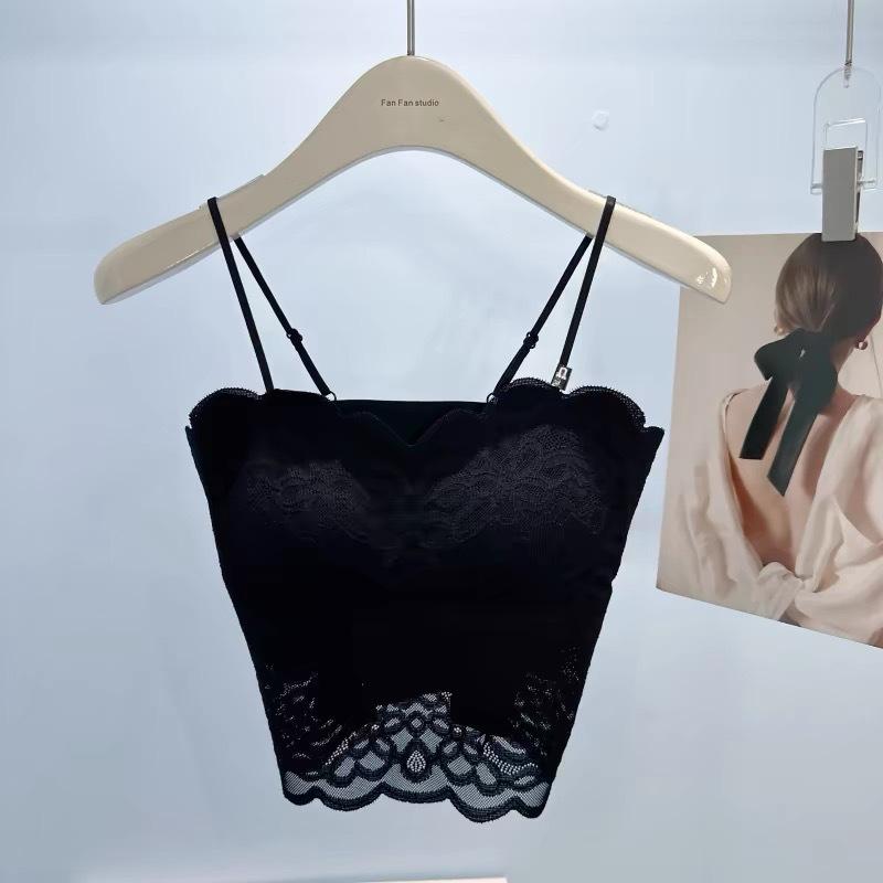 Beige Lace Camisole Top with Built in Bra and Thin Adjustable Straps onesize чёрный