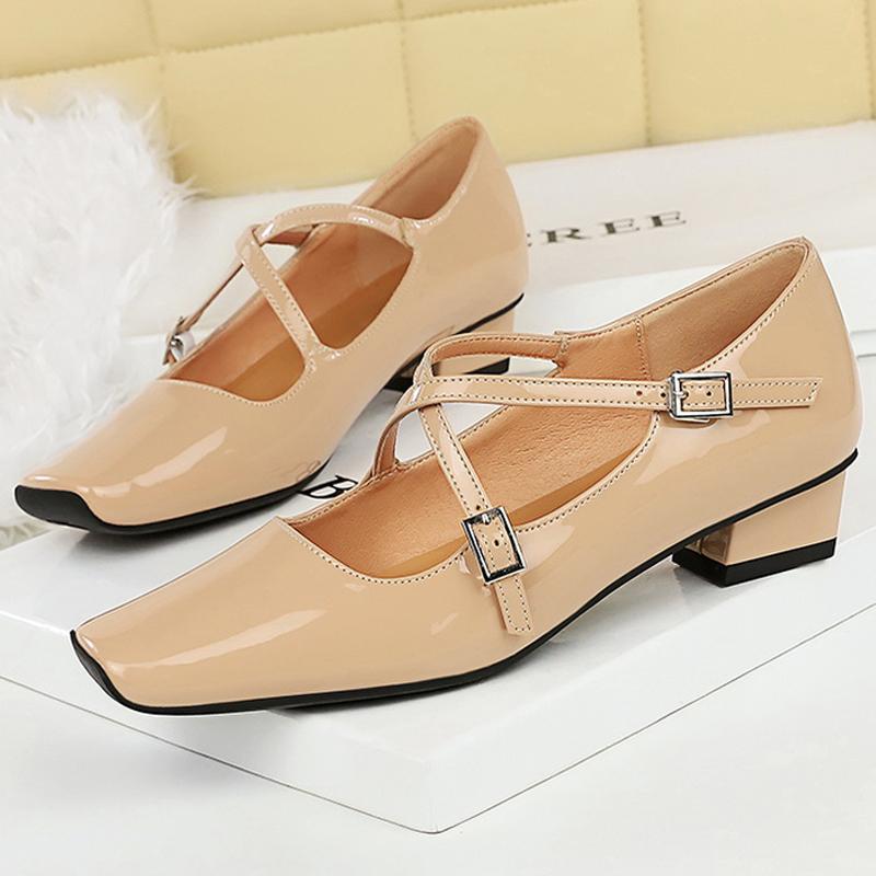 

BIGTREE Shoes 3 CM Low heeled women shoes patent leather Women pumps thick with Square head Kitten heels Buckle design high heel 34