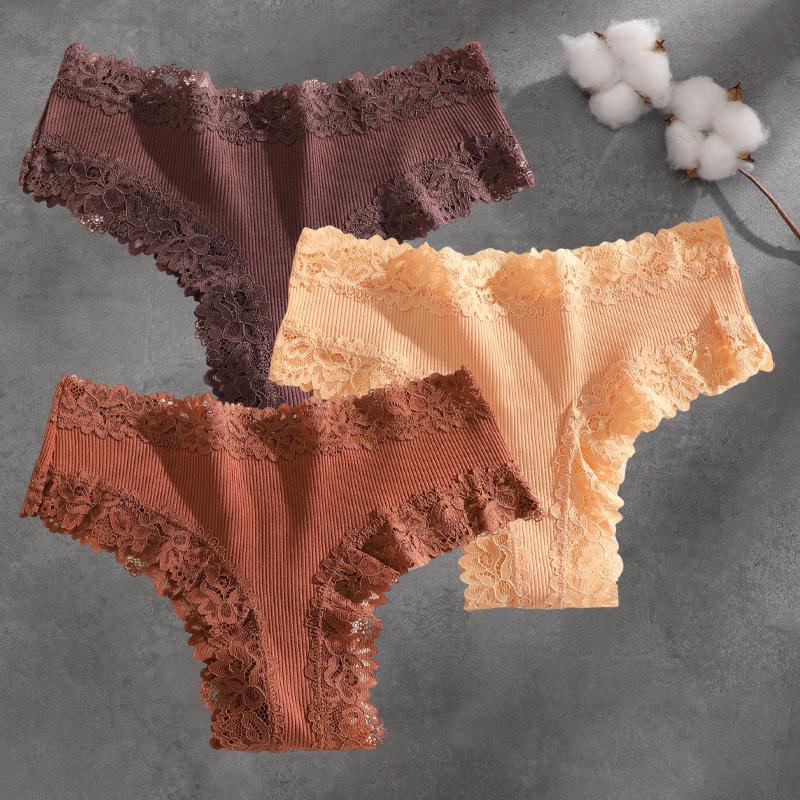 FINETOO 3Pcs Cotton Lace Patchwork Bikini Panties Women Seamless Floral Print Brazilian Pants Low Waist Breathable Female Sexy Lingerie