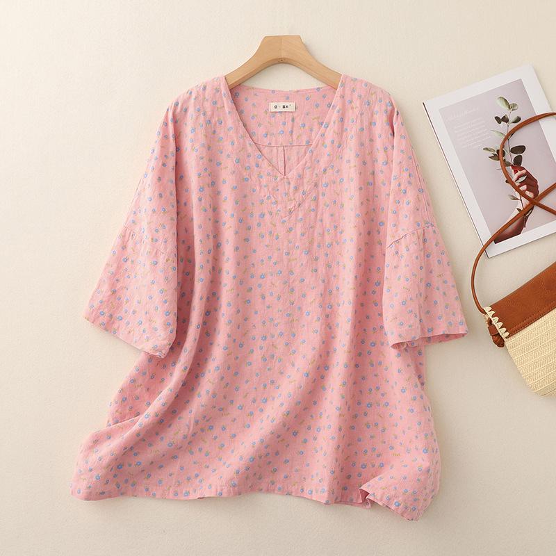 Summer Retro Floral Linen Pullover - Artistic Fresh Five-Sleeve Top