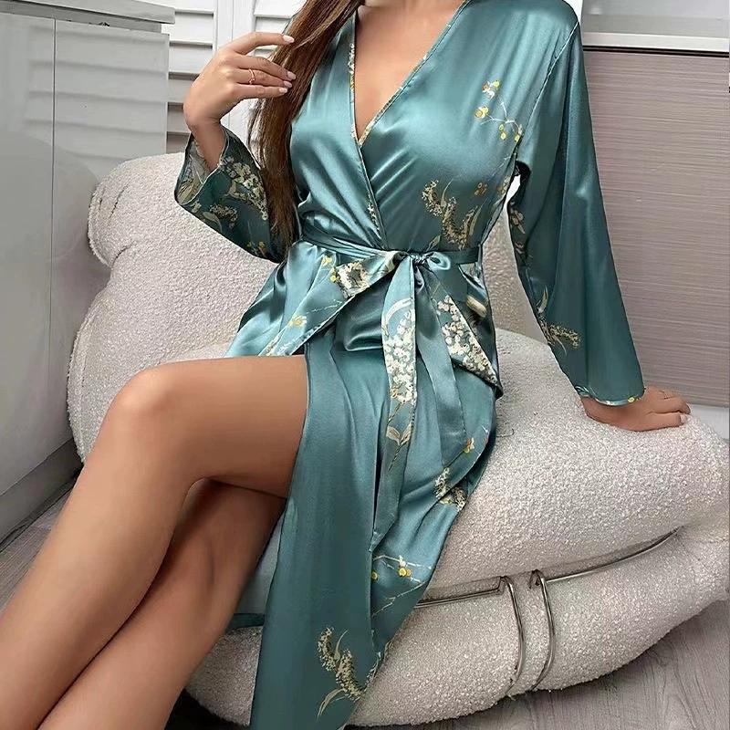 Women's Pajamas Sexy Imitation Silk Loose Household Clothes Ice Silk Cardigan Lace-up Bathrobe Pajamas for Women