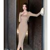 Spring Square Neck Knitted Sexy Dress Women Fashion Autumn Slim Fit Base Women's Sweater Dresses Elegant Long Sleeve Solid Winter Casual Dress 25955