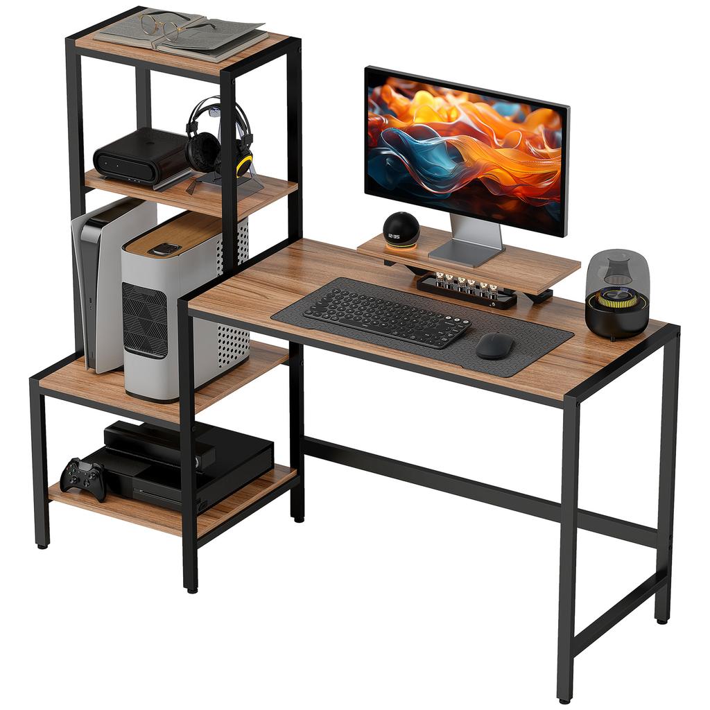 Computer Desk with Monitor Stand, Desk with 4-Tier Shelf, Industrial Design, Brown