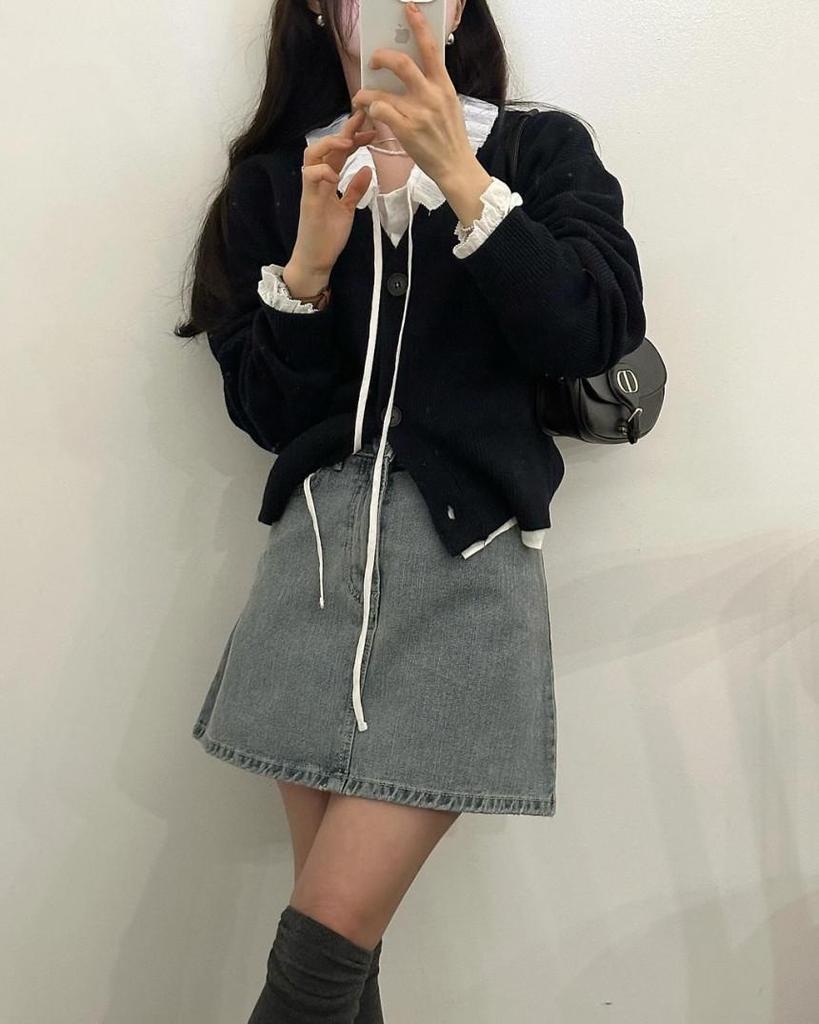 Korean Chic Cotton Jacquard Ribbon Shirt & Cable Knit Vest Set for Women
