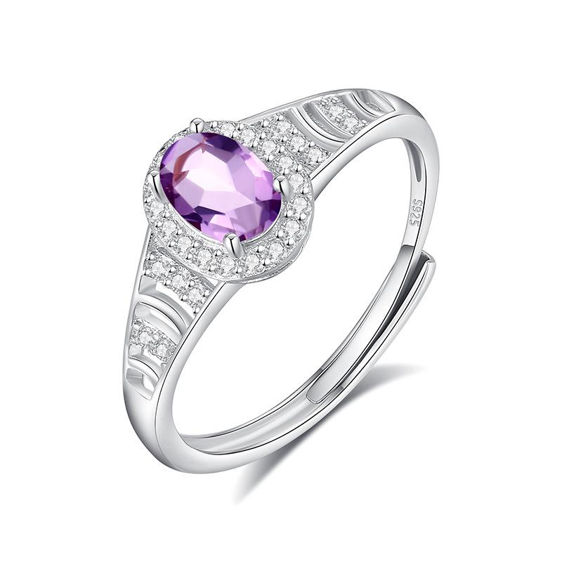 S925 Silver Natural Stone Open Ring, Amethyst/Citrine, Korean Style Daily Jewelry Gift for Women