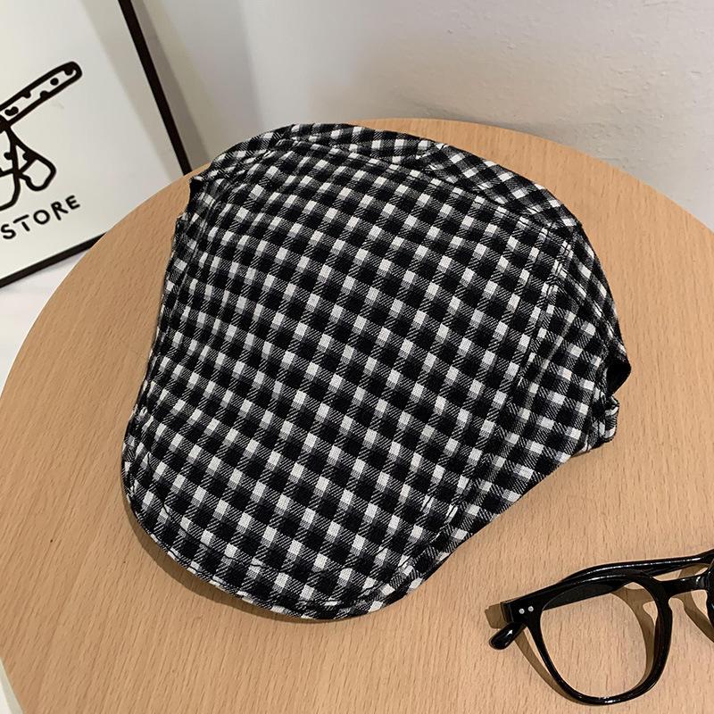 Retro, Japanese, Beret, Female, Versatile for Spring and Summer, Checkered, Small Face, Painter's Hat, Big Head Circumference, Fashionable Dressing