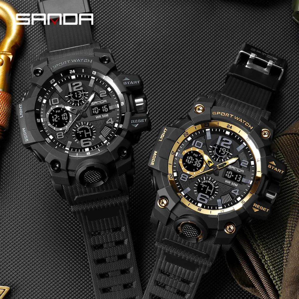 SANDA 6021 LED Dual Display Quartz Wristwatch Mens Digital Clock Military Stopwatch Reloj HombreSport Watch for Men Waterproof