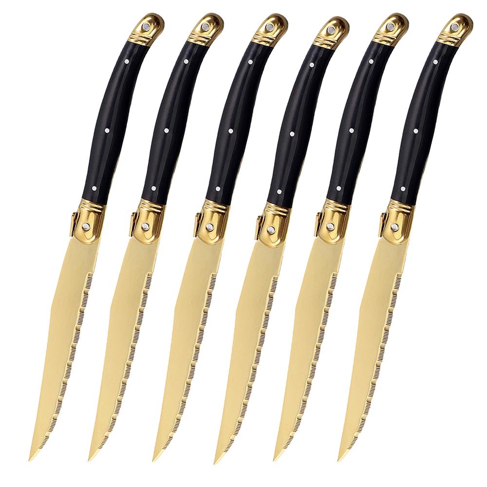 

Набір золотих столових приборів Laguiole з 6 предметів з нержавіючої сталі, розкішні гострі ножі для стейків, виделки, супові ложки, чайні ложки