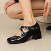 Women Mary Jane Pumps Patent Leather Lolita Shoes Med Heels Chunky Style 2025 Cross Strap Decor Comfort Square Toe Footwear