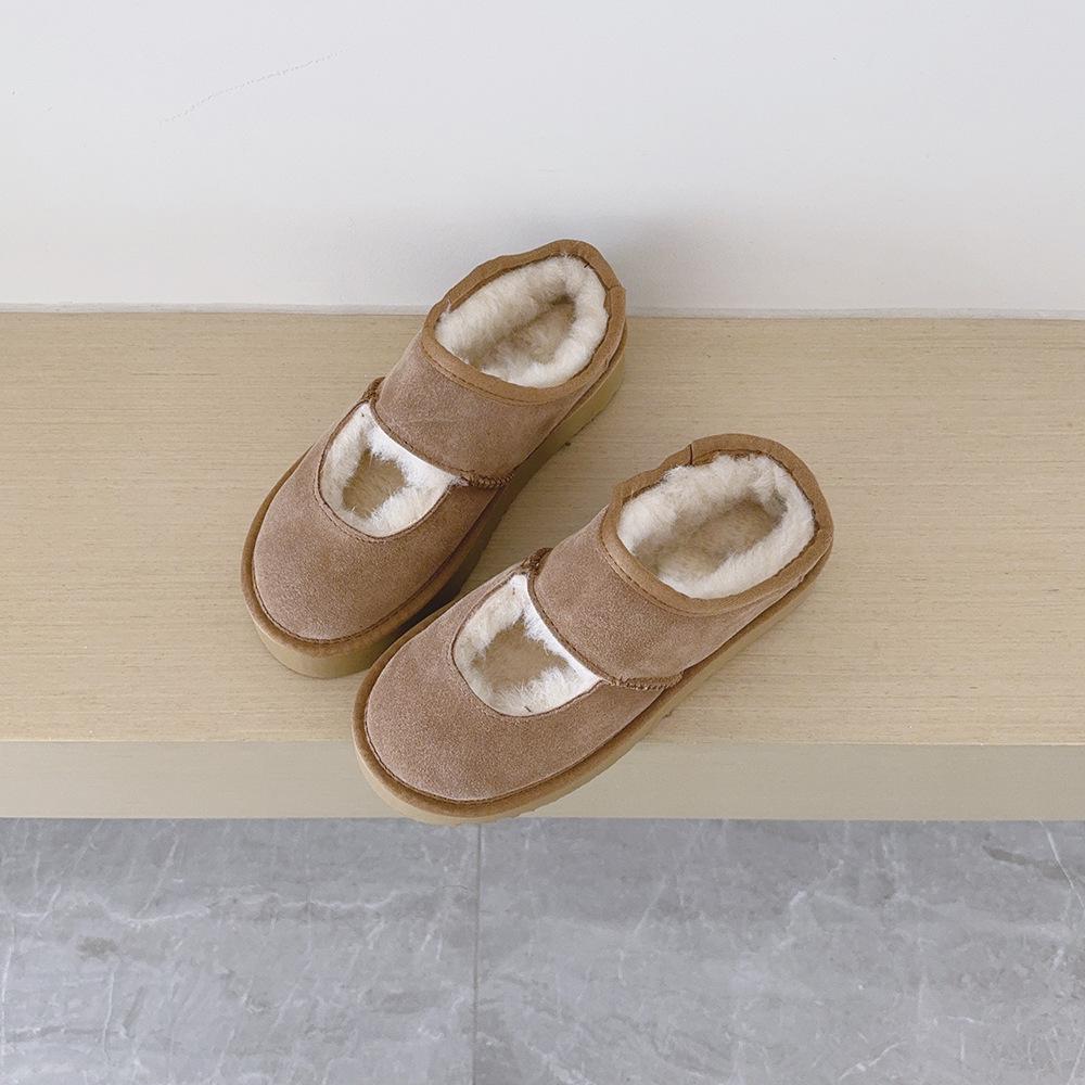Cowhide Velvet-Lined Women's Winter Mary Janes with Thick Soles