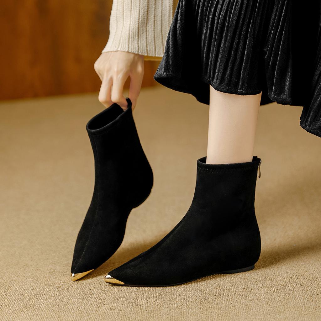Suede Inner Height Increase Pointed Short Boots Women's Autumn and Winter New Models Are Not Tired of Feet Anti-kick Metal Head Versatile Elastic T