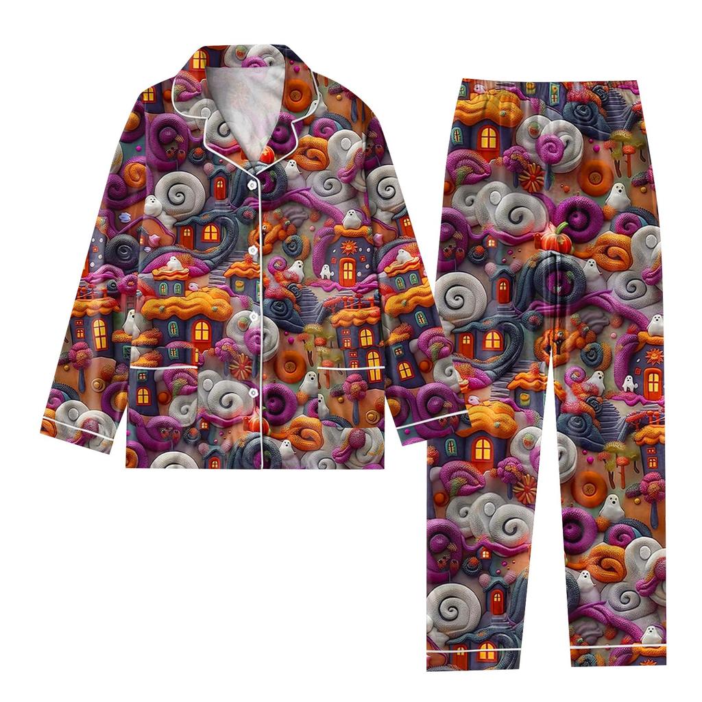 2-teiliger bedruckter Damen-Anzug, langärmelig, Oberteil mit Knopfleiste, weite Hosen, Anzug-Set, Schlafanzug, Home-Casual-Anzug