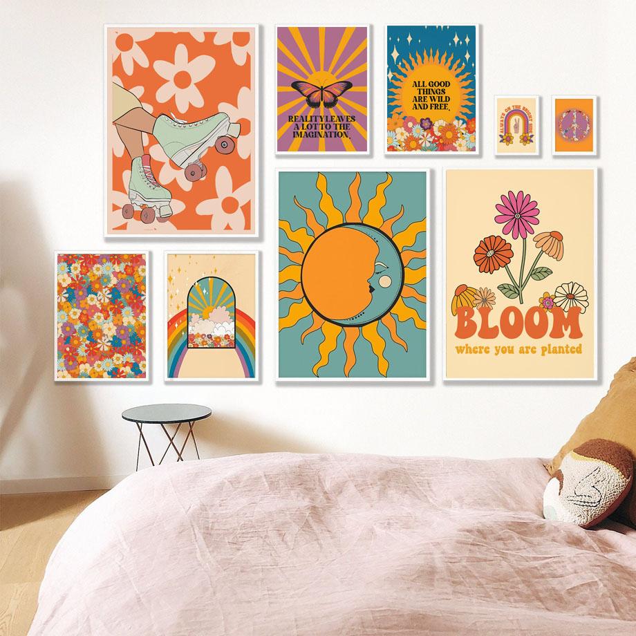 Boho Retro Happy Quote Butterfly Sun Faces Wall Art Canvas Painting Nordic Posters And Print Wall Pictures For Living Room Decor No Frame