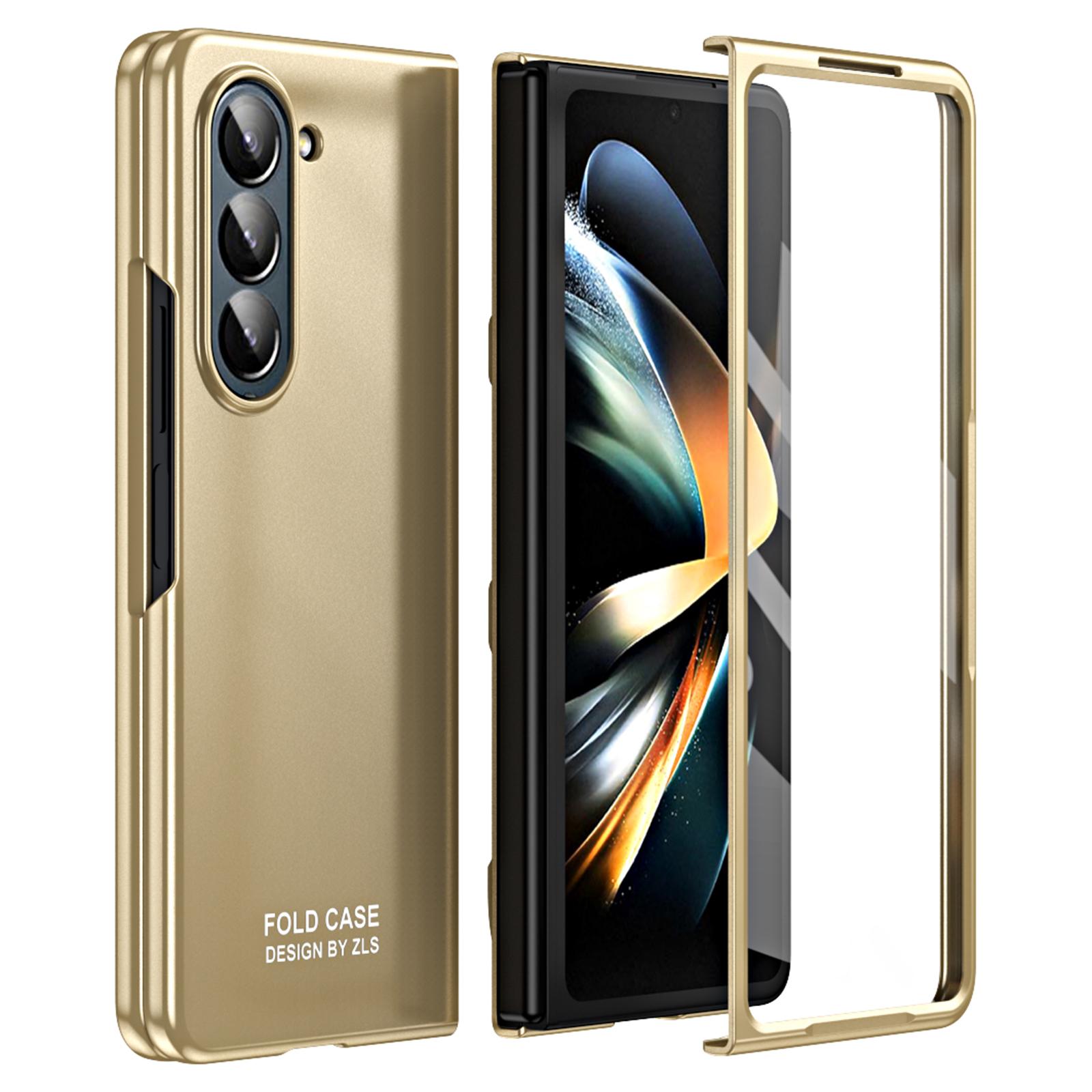 

For Samsung Galaxy Z Fold5 5G Phone Case Hard PC Scratch Resistant Cover with Tempered Glass Film Gold