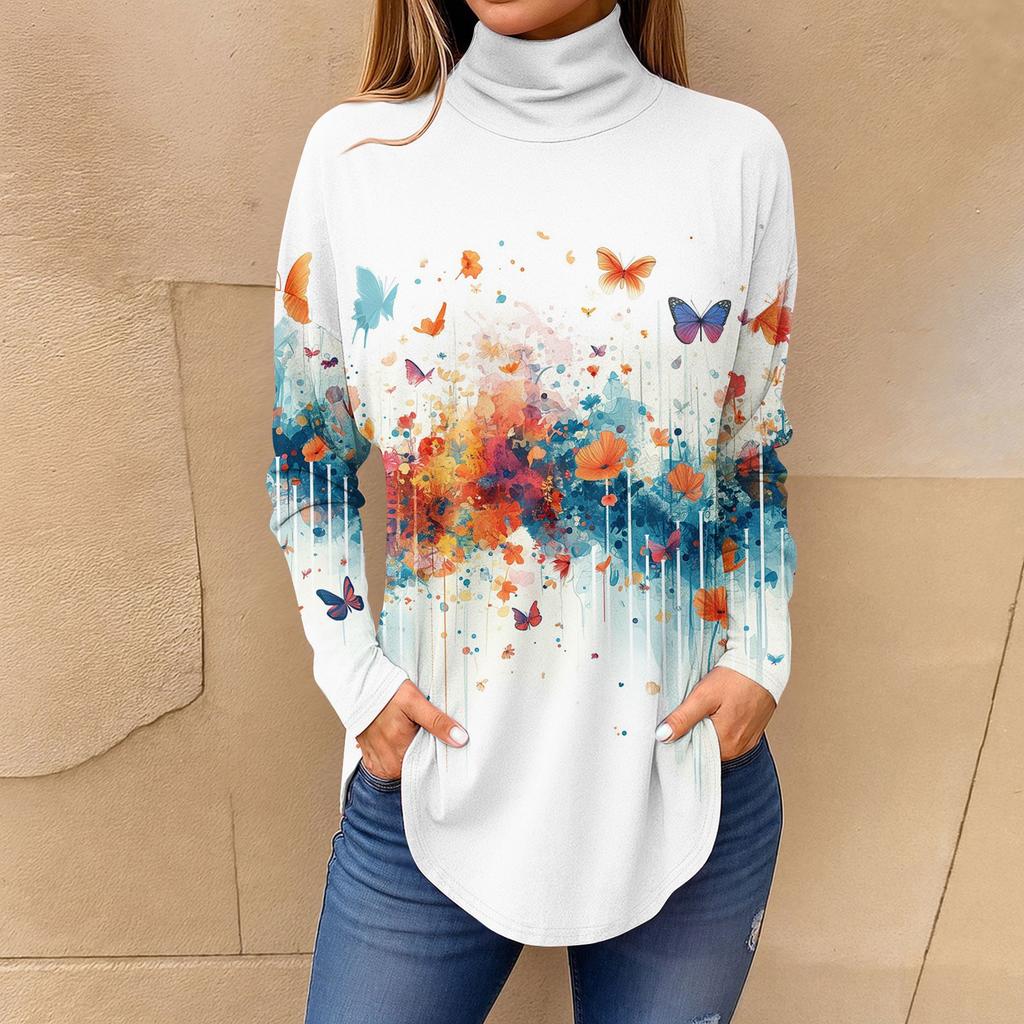 Tee Shirts For Women Fall Casual Long Sleeve Shirts Sweatshirt Vintage Printed High Neck Top Pullover