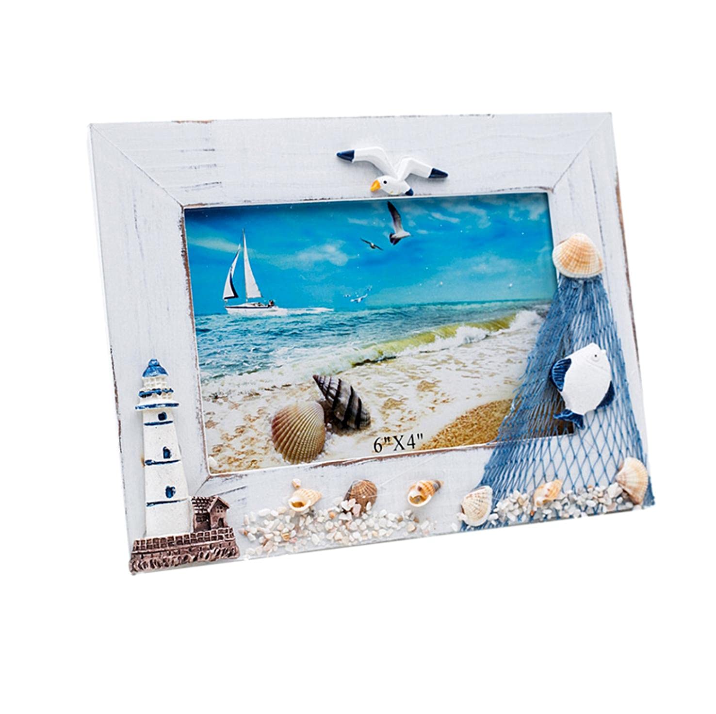 

[Queen-b] Mediterranean Interior Photo Frame, Stand, Picture Frame, Stylish and Cute Tabletop, Marine Design, White Wood, Decorative (Horizontal)