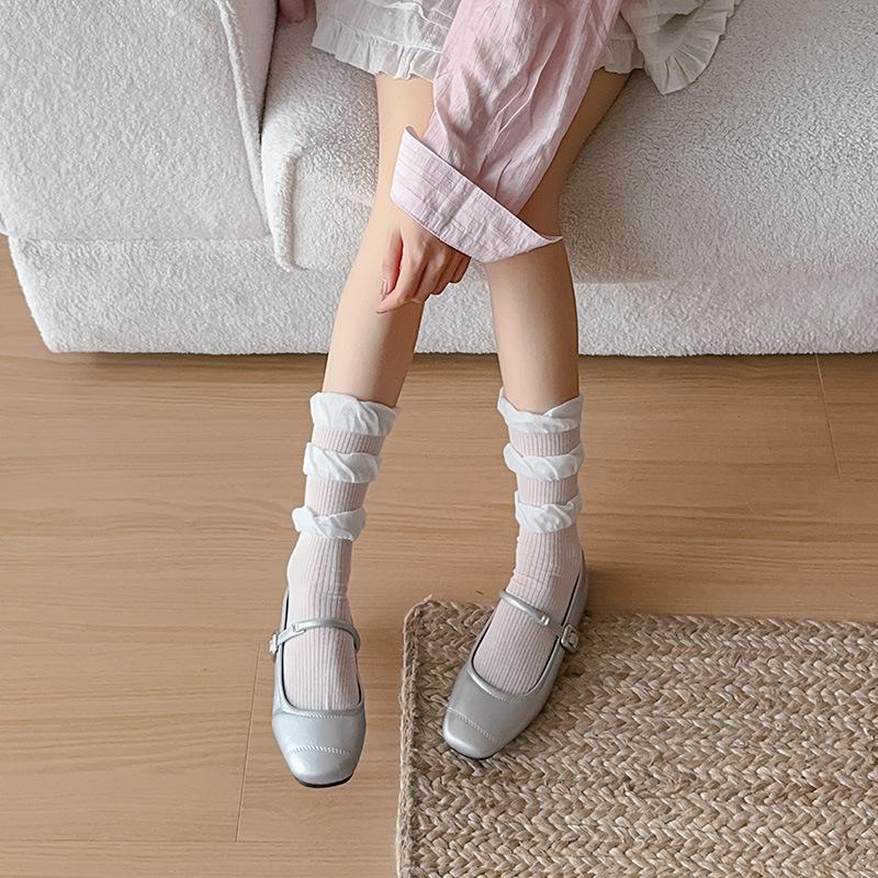 Girls Kawaii Ballet Socks Cream Color Bubble Ruffle Cuff Lace Trim Korean Sweet Style Stacked Sock Spring Fall Soft Cotton Sock