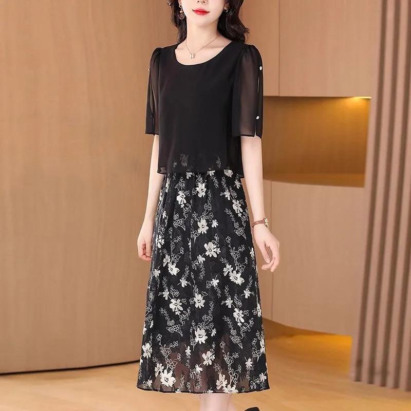 Womens Floral Print Chiffon Short Sleeve A Line Dress M